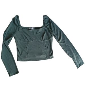 Lush Ribbed Square Neck Long Sleeve Top Corset Seams Olive XL
